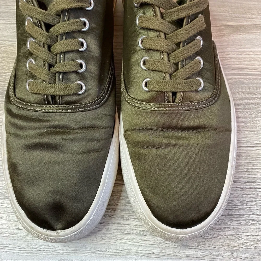Olive satin lace up sneakers with chunky white soles size 40 Pull & Bear